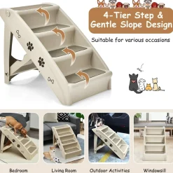 Tangkula Folding Dog Stairs for High Beds, 4 Steps Plastic Dog & Cat Steps with Non-Slip Felt Pad