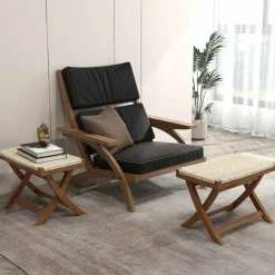 Tangkula Folding Natural Rattan Ottoman, Saddle Footrest Stool with Hand-Woven Seat & X-Shaped Teak Wood Frame