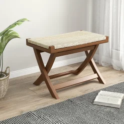 Tangkula Folding Natural Rattan Ottoman, Saddle Footrest Stool with Hand-Woven Seat & X-Shaped Teak Wood Frame