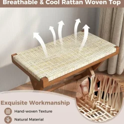 Tangkula Folding Natural Rattan Ottoman, Saddle Footrest Stool with Hand-Woven Seat & X-Shaped Teak Wood Frame