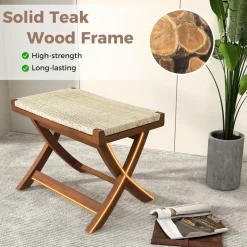 Tangkula Folding Natural Rattan Ottoman, Saddle Footrest Stool with Hand-Woven Seat & X-Shaped Teak Wood Frame