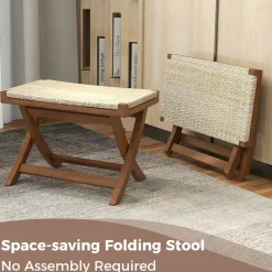 Tangkula Folding Natural Rattan Ottoman, Saddle Footrest Stool with Hand-Woven Seat & X-Shaped Teak Wood Frame
