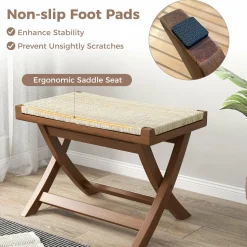 Tangkula Folding Natural Rattan Ottoman, Saddle Footrest Stool with Hand-Woven Seat & X-Shaped Teak Wood Frame