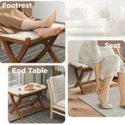 Tangkula Folding Natural Rattan Ottoman, Saddle Footrest Stool with Hand-Woven Seat & X-Shaped Teak Wood Frame
