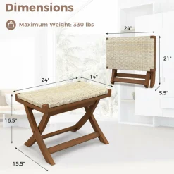 Tangkula Folding Natural Rattan Ottoman, Saddle Footrest Stool with Hand-Woven Seat & X-Shaped Teak Wood Frame