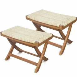 Tangkula Folding Natural Rattan Ottoman, Saddle Footrest Stool with Hand-Woven Seat & X-Shaped Teak Wood Frame
