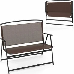 Tangkula Folding Outdoor Garden Bench, 2-Person Patio Bench with Backrest and Armrests