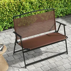 Tangkula Folding Outdoor Garden Bench, 2-Person Patio Bench with Backrest and Armrests
