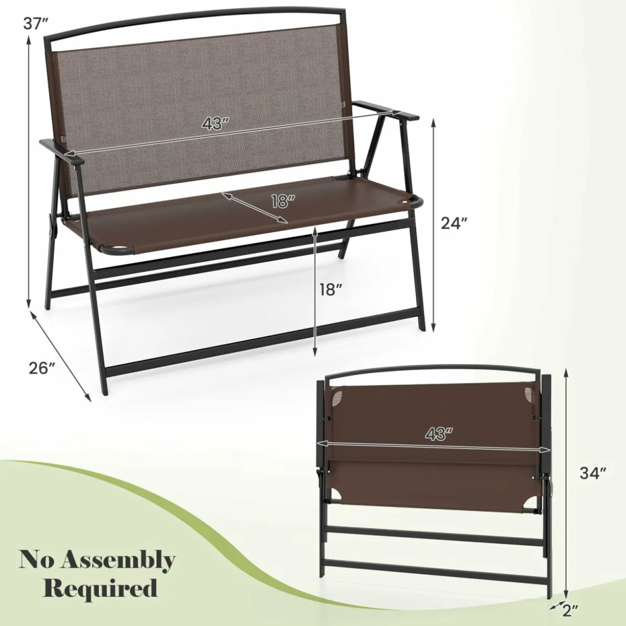 Tangkula Folding Outdoor Garden Bench, 2-Person Patio Bench with Backrest and Armrests