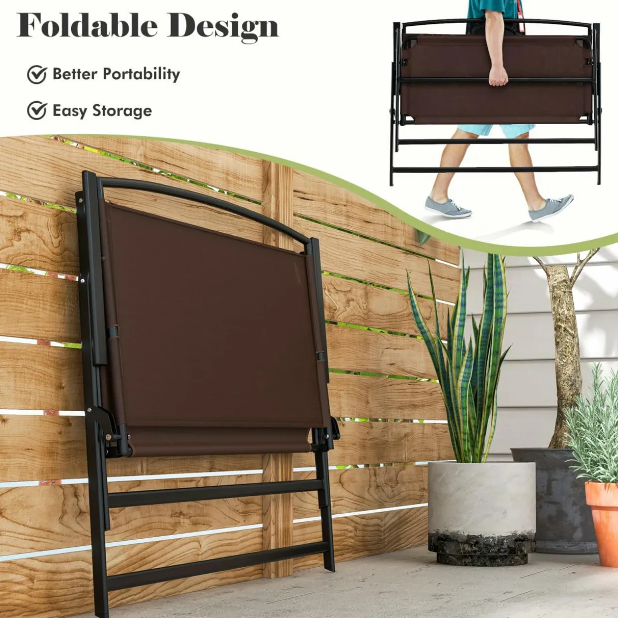 Tangkula Folding Outdoor Garden Bench, 2-Person Patio Bench with Backrest and Armrests