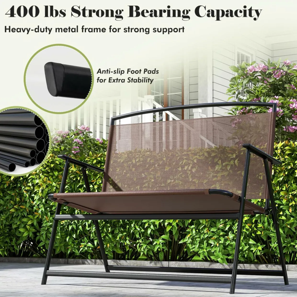Tangkula Folding Outdoor Garden Bench, 2-Person Patio Bench with Backrest and Armrests