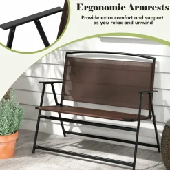 Tangkula Folding Outdoor Garden Bench, 2-Person Patio Bench with Backrest and Armrests