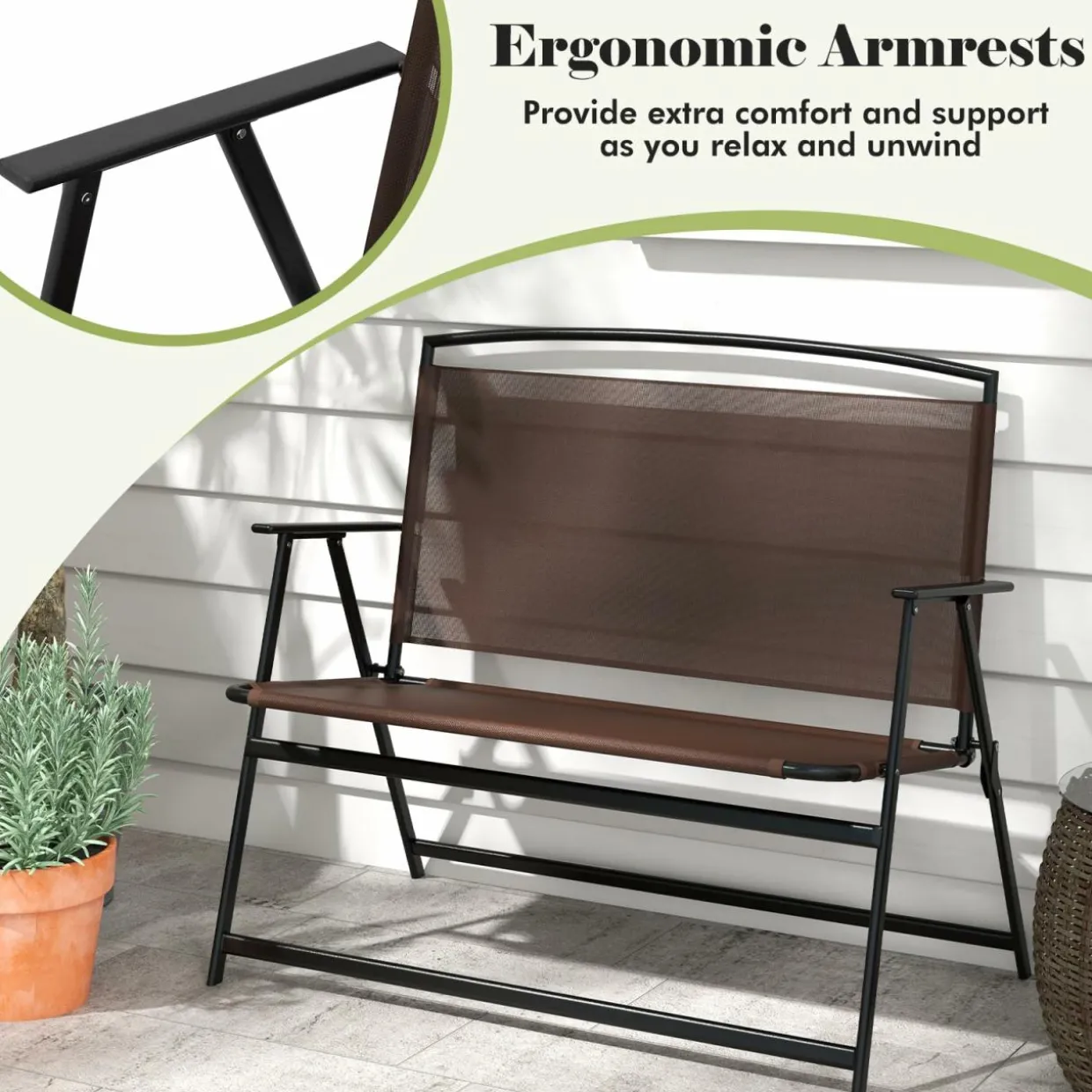 Tangkula Folding Outdoor Garden Bench, 2-Person Patio Bench with Backrest and Armrests