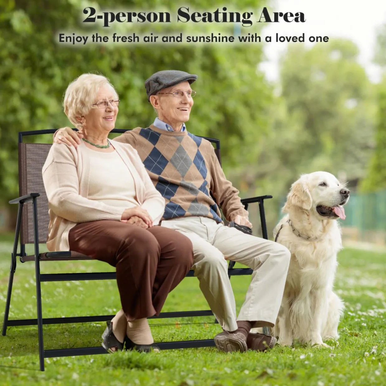Tangkula Folding Outdoor Garden Bench, 2-Person Patio Bench with Backrest and Armrests