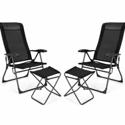 Tangkula Folding Patio Chairs, Set of 2 Outdoor Dining Chairs & Ottomans, Lawn Chairs with 7-Level Adjustable Backrest