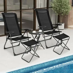 Tangkula Folding Patio Chairs, Set of 2 Outdoor Dining Chairs & Ottomans, Lawn Chairs with 7-Level Adjustable Backrest