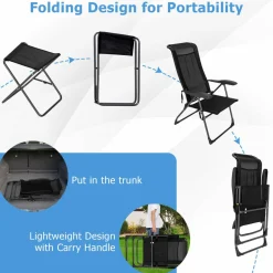 Tangkula Folding Patio Chairs, Set of 2 Outdoor Dining Chairs & Ottomans, Lawn Chairs with 7-Level Adjustable Backrest