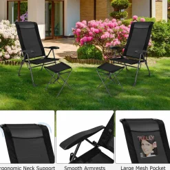 Tangkula Folding Patio Chairs, Set of 2 Outdoor Dining Chairs & Ottomans, Lawn Chairs with 7-Level Adjustable Backrest
