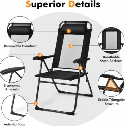 Tangkula Folding Patio Dining Chairs Set of 2, Portable Patio Chairs with 7 Level Adjustable Backrest