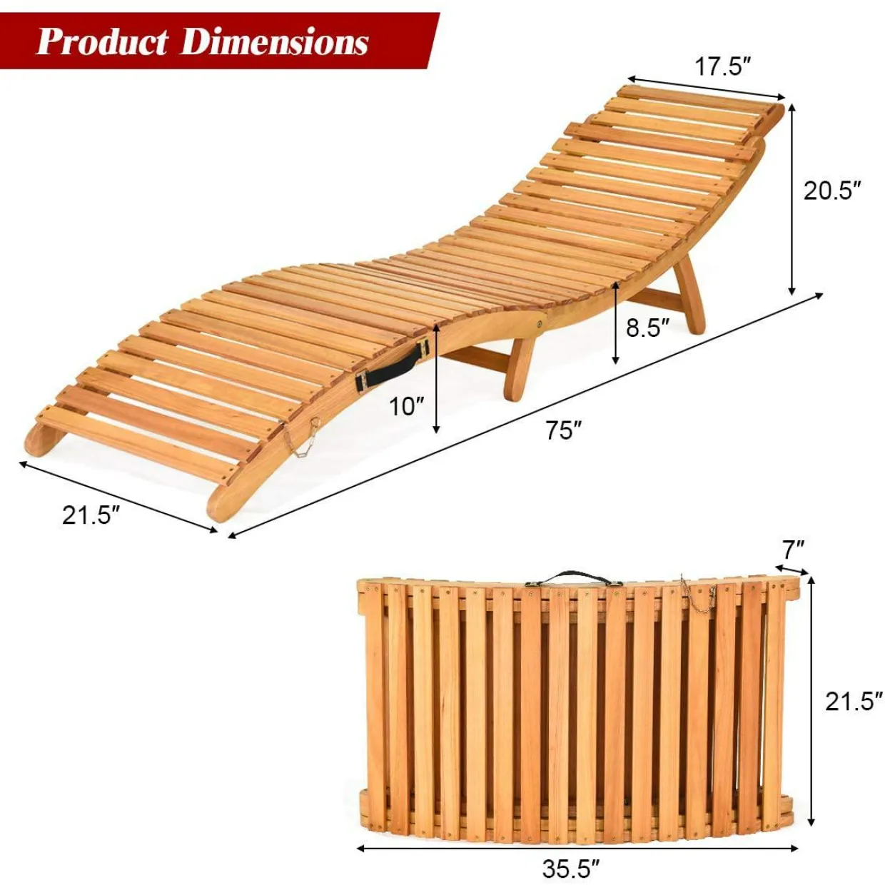 Tangkula Folding Patio Lounge Chair, Solid Eucalyptus Wood Sun Lounger Chair