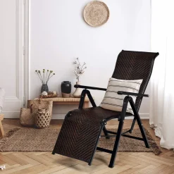 Tangkula Folding Reclining Rattan Chair, Portable Chaise Lounge Chair w/Adjustable Positions