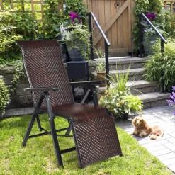 Tangkula Folding Reclining Rattan Chair, Portable Chaise Lounge Chair w/Adjustable Positions