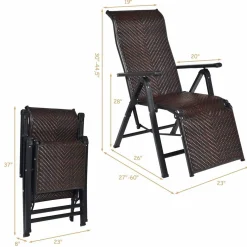 Tangkula Folding Reclining Rattan Chair, Portable Chaise Lounge Chair w/Adjustable Positions