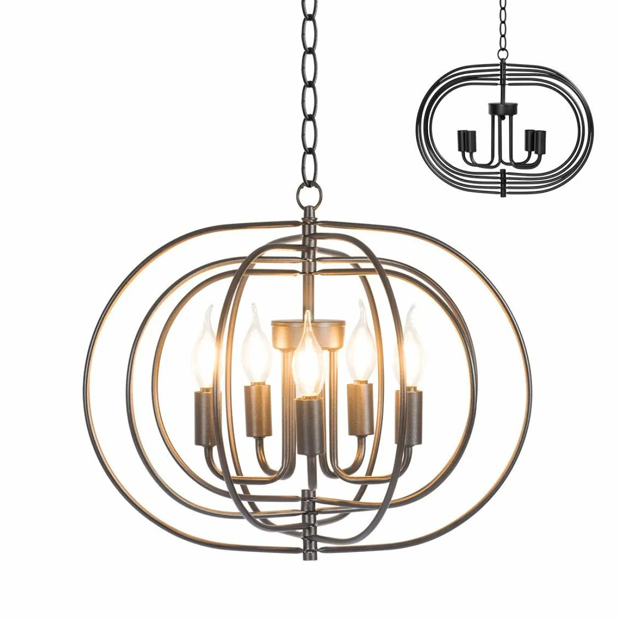 Tangkula Folding Rotatable Chandelier, 5 Lights Metal Ceiling Lamp with 39.5' Iron Chain (Black)