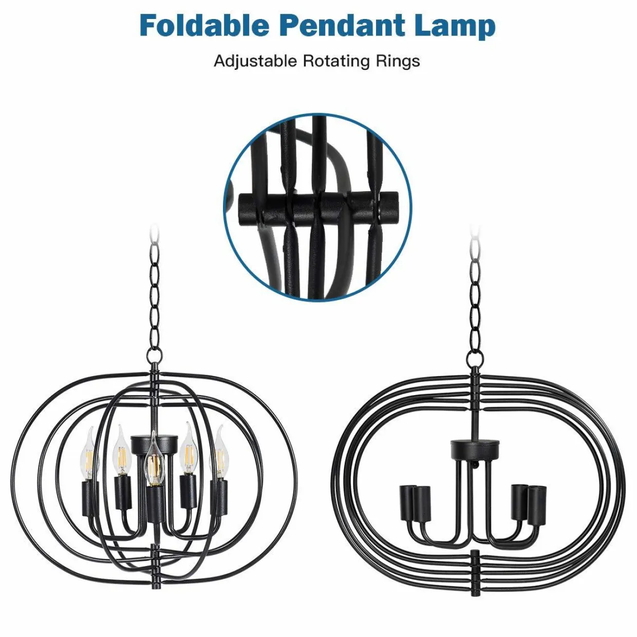 Tangkula Folding Rotatable Chandelier, 5 Lights Metal Ceiling Lamp with 39.5' Iron Chain (Black)