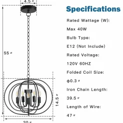 Tangkula Folding Rotatable Chandelier, 5 Lights Metal Ceiling Lamp with 39.5' Iron Chain (Black)