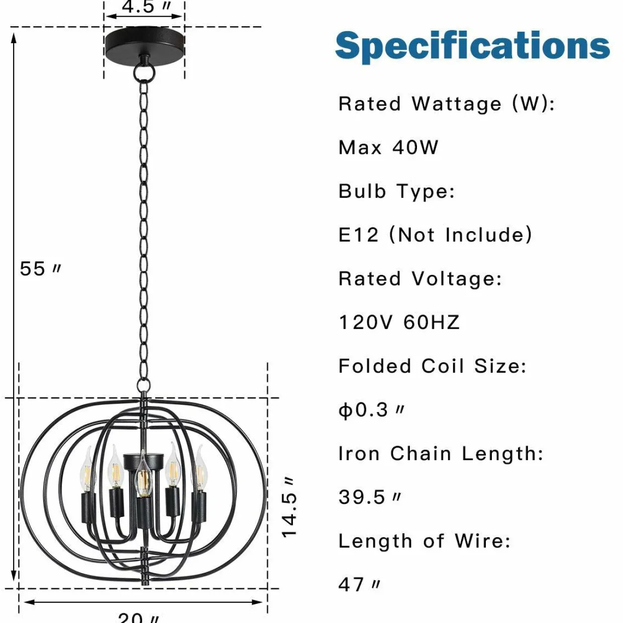 Tangkula Folding Rotatable Chandelier, 5 Lights Metal Ceiling Lamp with 39.5' Iron Chain (Black)