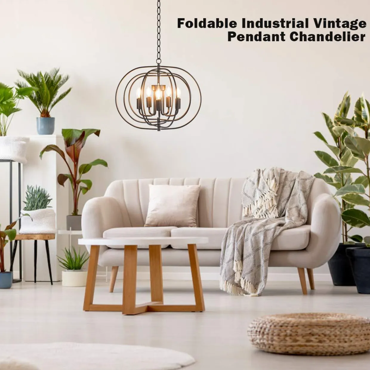 Tangkula Folding Rotatable Chandelier, 5 Lights Metal Ceiling Lamp with 39.5' Iron Chain (Black)