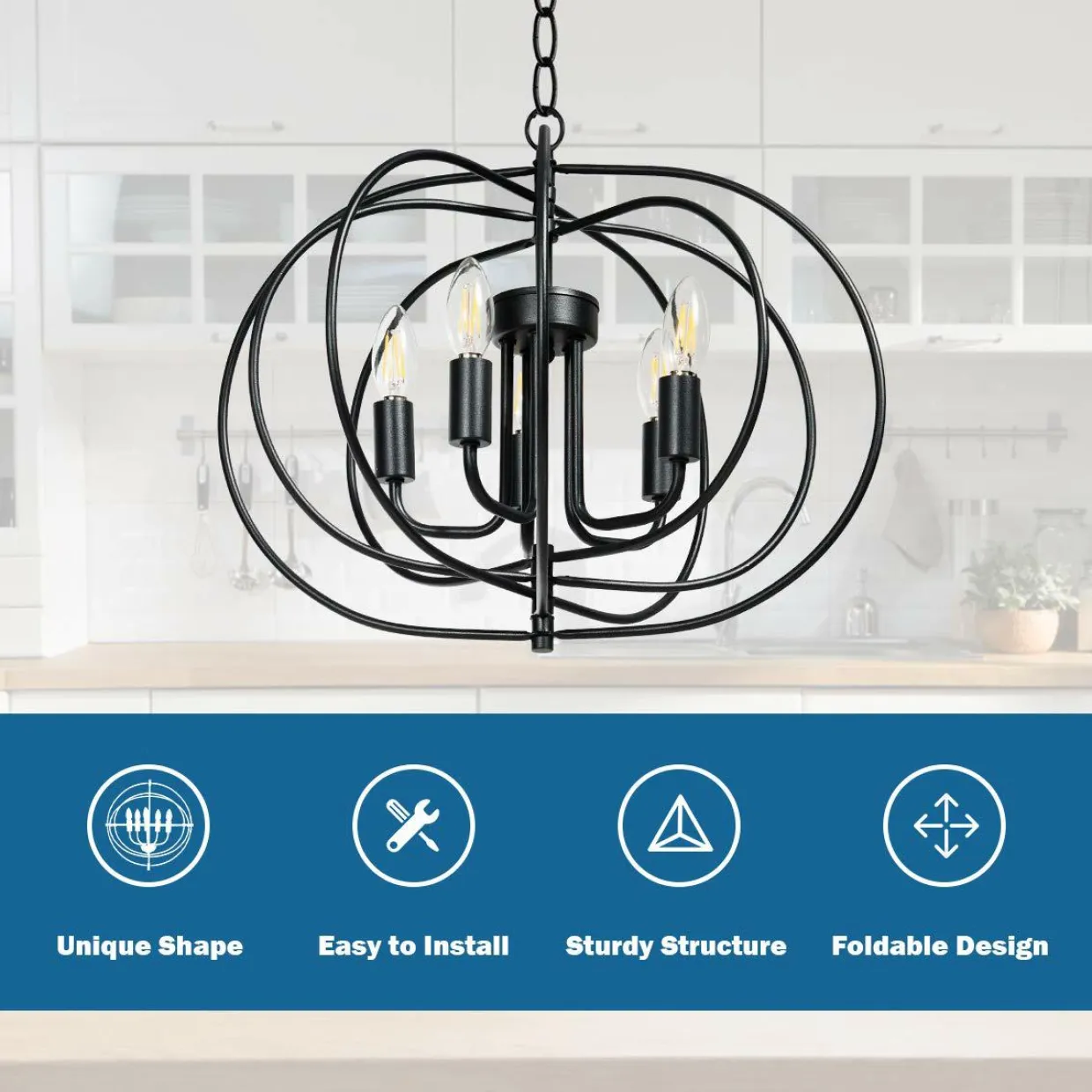Tangkula Folding Rotatable Chandelier, 5 Lights Metal Ceiling Lamp with 39.5' Iron Chain (Black)