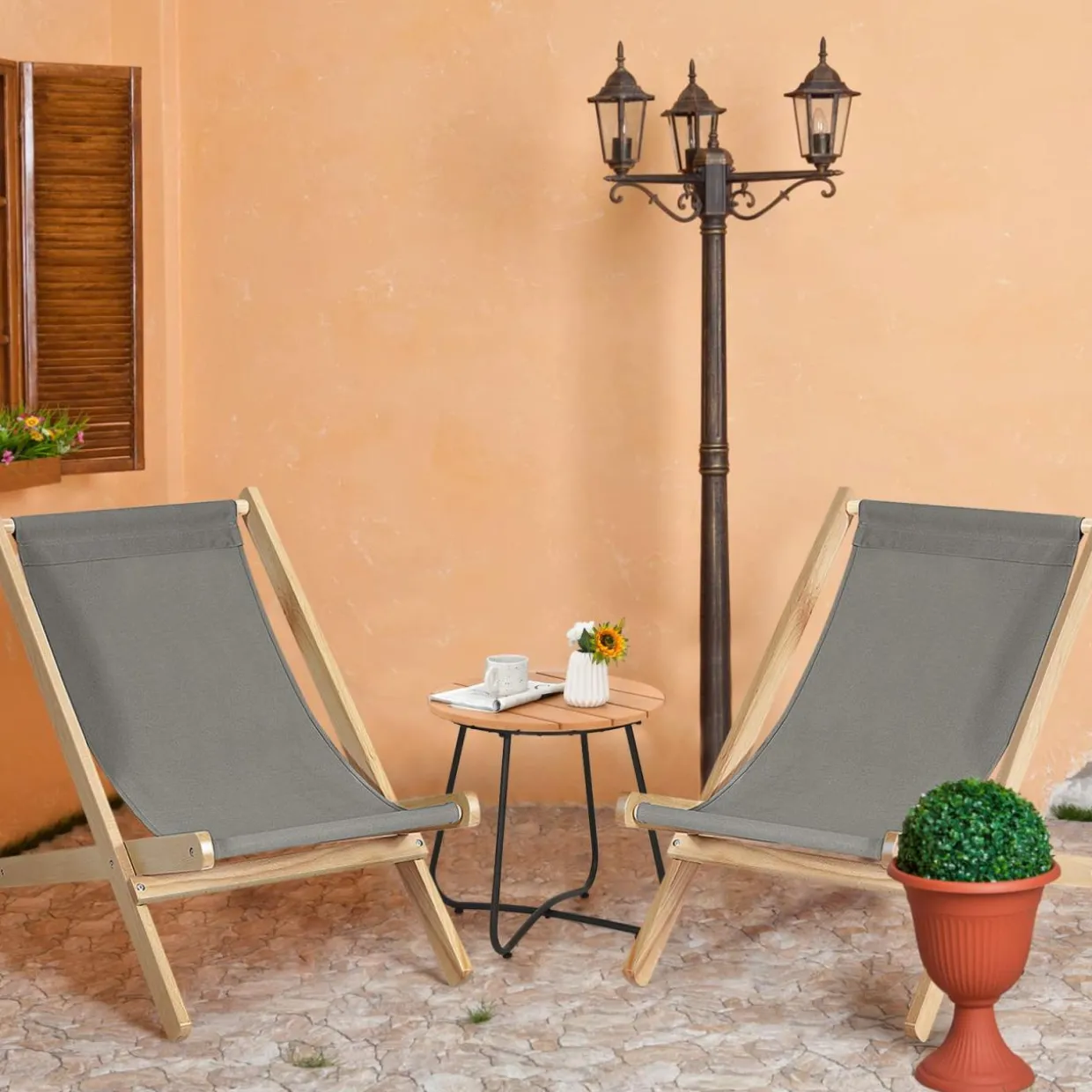 Tangkula Folding Sling Chair, Outdoor Wood Portable Beach Chair