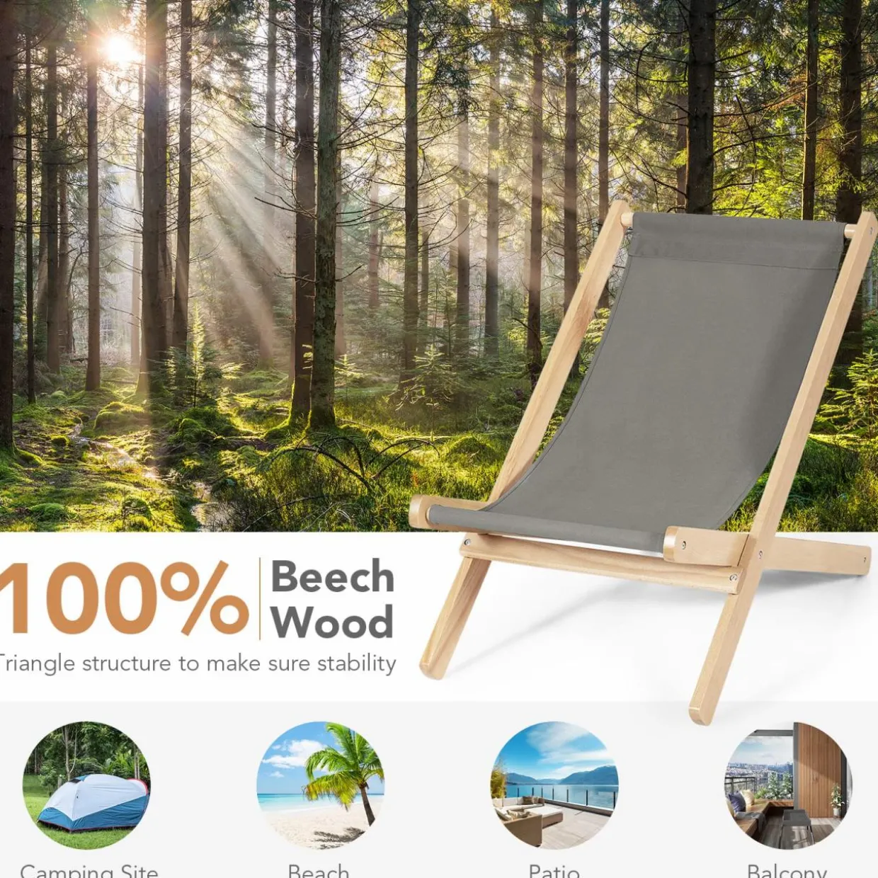 Tangkula Folding Sling Chair, Outdoor Wood Portable Beach Chair