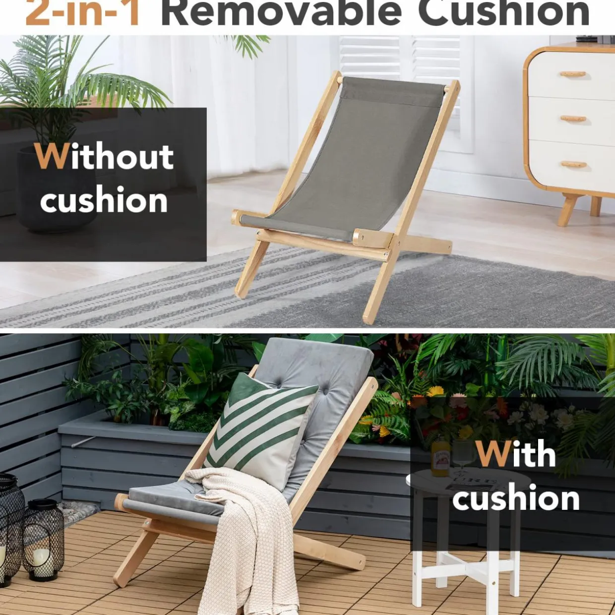 Tangkula Folding Sling Chair, Outdoor Wood Portable Beach Chair