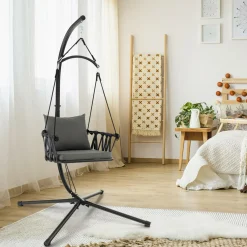 Tangkula Folding Swing Chair with Stand, Hanging Egg Chair with Cushion, Pillow, Wicker Basket Seat