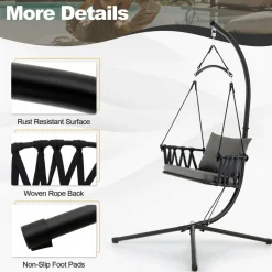 Tangkula Folding Swing Chair with Stand, Hanging Egg Chair with Cushion, Pillow, Wicker Basket Seat