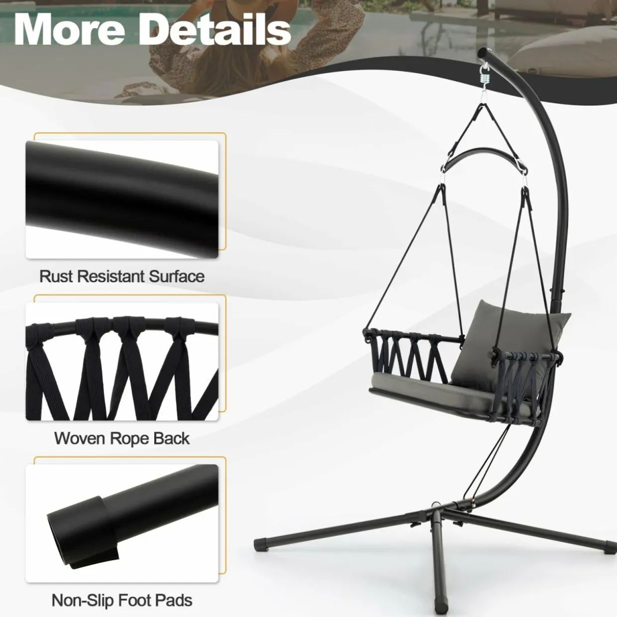 Tangkula Folding Swing Chair with Stand, Hanging Egg Chair with Cushion, Pillow, Wicker Basket Seat
