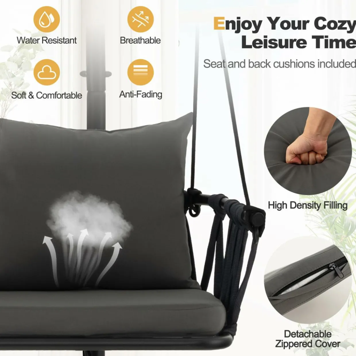 Tangkula Folding Swing Chair with Stand, Hanging Egg Chair with Cushion, Pillow, Wicker Basket Seat