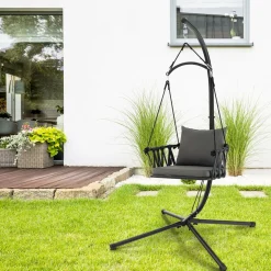 Tangkula Folding Swing Chair with Stand, Hanging Egg Chair with Cushion, Pillow, Wicker Basket Seat