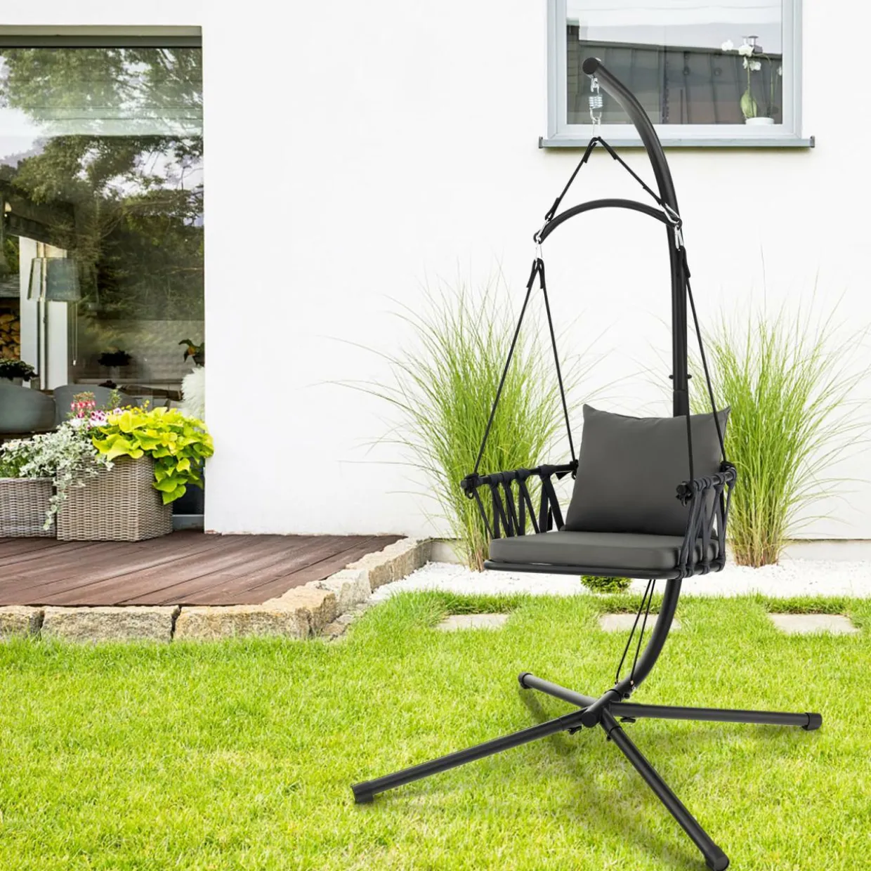 Tangkula Folding Swing Chair with Stand, Hanging Egg Chair with Cushion, Pillow, Wicker Basket Seat