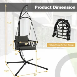 Tangkula Folding Swing Chair with Stand, Hanging Egg Chair with Cushion, Pillow, Wicker Basket Seat