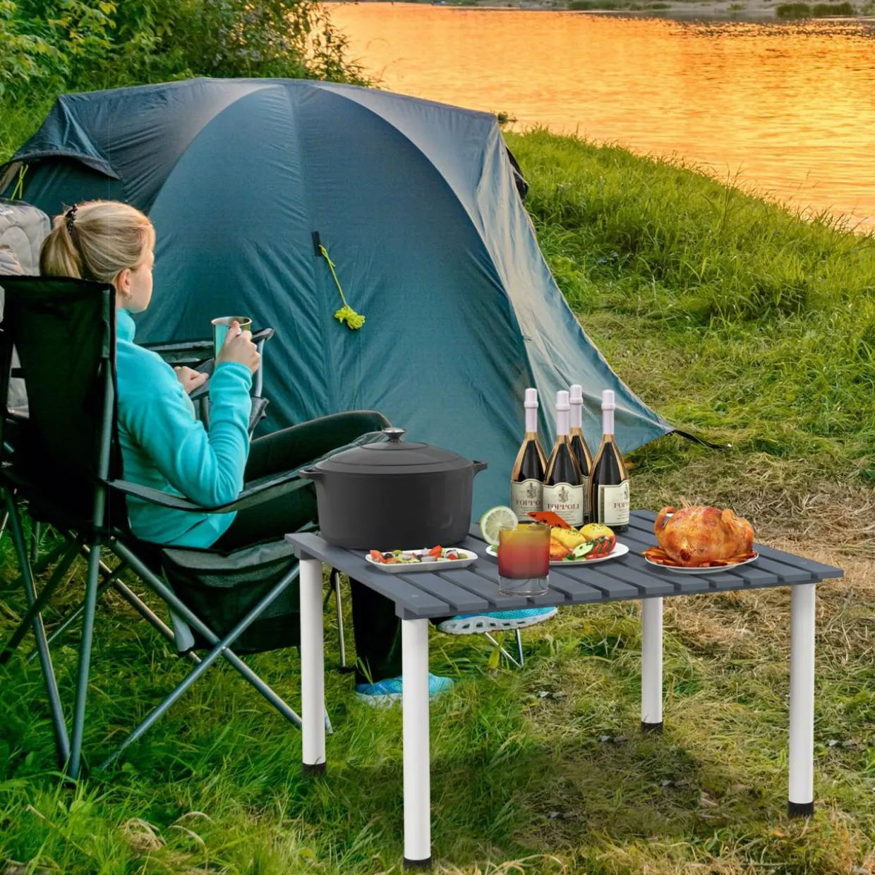 Tangkula Folding Table, Portable Picnic Table with Roll-up Tabletop, Carrying Bag