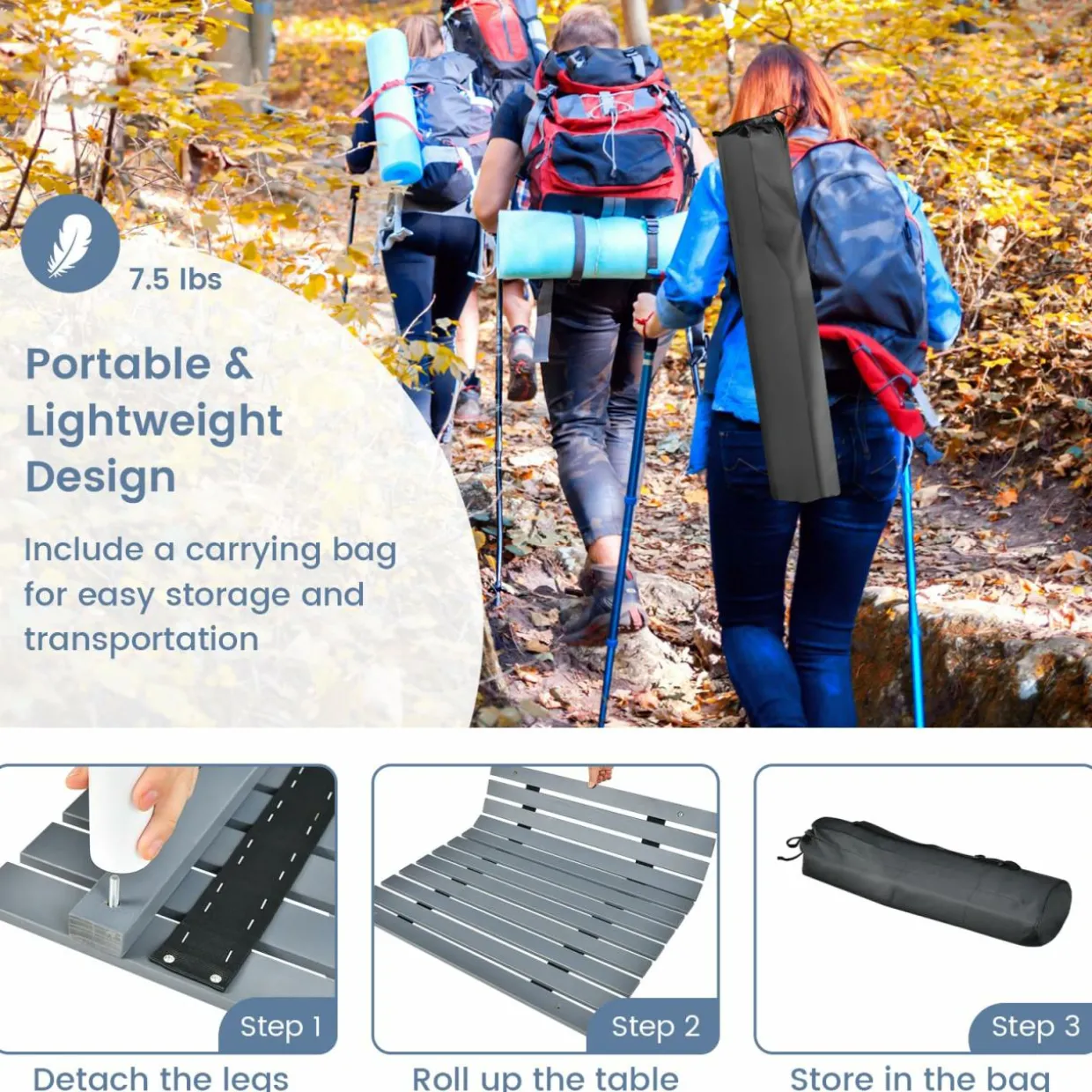 Tangkula Folding Table, Portable Picnic Table with Roll-up Tabletop, Carrying Bag