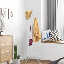 Tangkula Free Standing Coat Rack, Entryway Coat Tree with Detachable Hooks & Foldable legs (White)