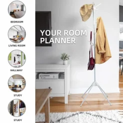 Tangkula Free Standing Coat Rack, Entryway Coat Tree with Detachable Hooks & Foldable legs (White)
