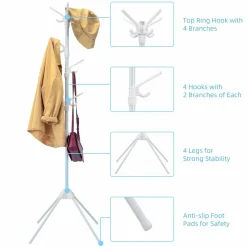 Tangkula Free Standing Coat Rack, Entryway Coat Tree with Detachable Hooks & Foldable legs (White)
