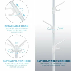 Tangkula Free Standing Coat Rack, Entryway Coat Tree with Detachable Hooks & Foldable legs (White)