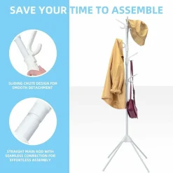 Tangkula Free Standing Coat Rack, Entryway Coat Tree with Detachable Hooks & Foldable legs (White)